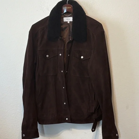 Reiss Dark Brown Suede Jacket with Black Collar - Picture 1 of 4